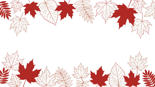 Autumn border design featuring a mix of solid red and outlined maple leaves decorating the top and bottom of a clean white space.