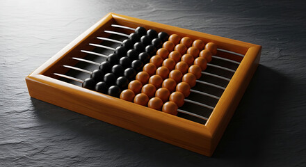 Naklejka premium An old-fashioned wooden abacus on a dark surface with black and brown beads calculation tool viewed from above