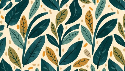 Fototapeta premium Seamless tropical leaf pattern. Hand drawn botanical foliage background in earthy tones for textile and wallpaper.