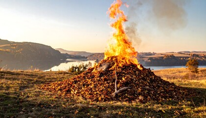 Bonfire Blazing in Rural Landscape at Sunset.