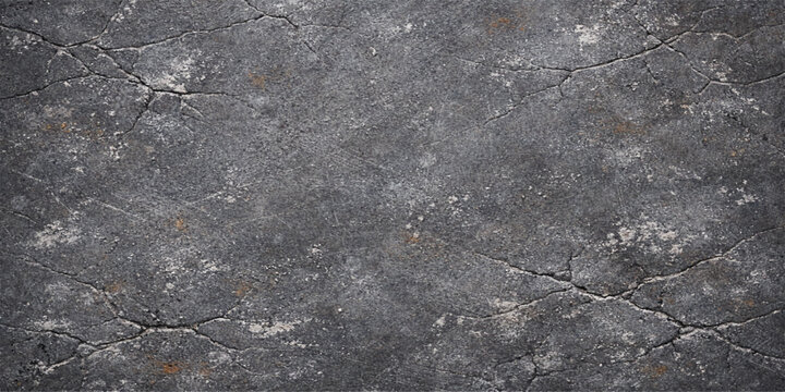 A rough asphalt road texture with deep cracks on a dirty grey cement surface featuring an abstract pattern of old stones and dark granite material