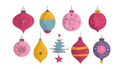 Collection of colorful retro Christmas tree ornaments with unique patterns and shapes
