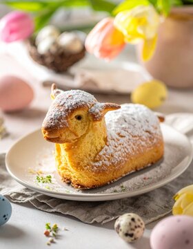 Osterlamm mit Puderzucker auf Fr&uuml;hlings-Ostertisch