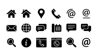 Web and Contact Solid Glyph Icon Set &ndash; Home, Location, Call, Email, and Website Symbols