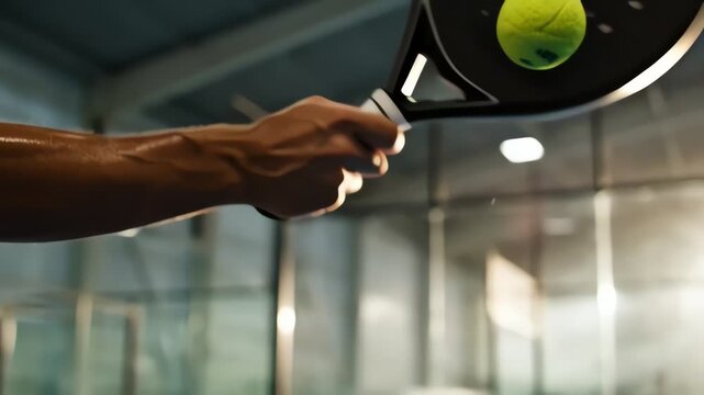 A hand holding a paddle with a tennis ball in a sports facility