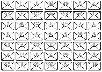49 envelope shapes with numbers (sum: 500) isolated over white (transparent) background as a money saving challenge printable sheet