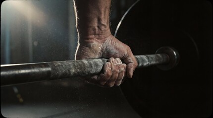 Chalky hands gripping barbell in dark gym with dramatic side lighting
