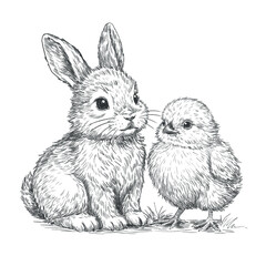 Hand drawn bunny and baby chick in vintage engraving line art style. Cute Easter illustration isolated on white background for spring cards, nursery decor, seasonal design © Julia