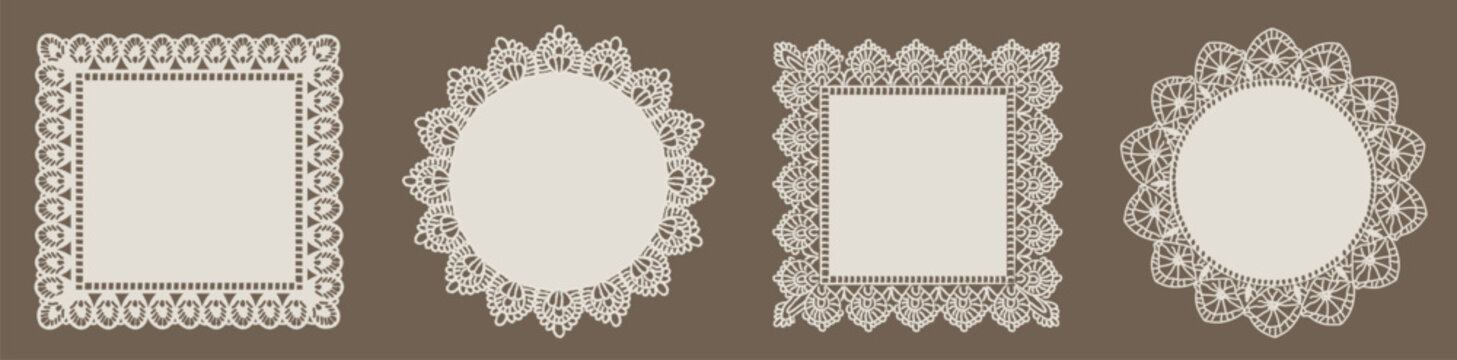 Ornamental hand drawn rococo lace frames with embroidery details. Vintage floral crochet borders, decorative paper cut shapes and elegant doily style elements. Vector illustration.