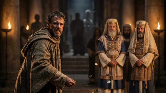 Man returning coins to high priests in a temple setting, representing biblical repentance and forgiveness imagery
