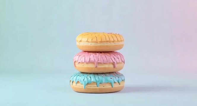 A stack of delicious donuts with colourful coloured glaze with a soft solid colour background.4k video.