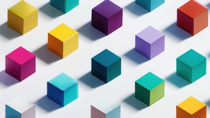 Obraz premium hyper realistic colorful geometric cubes arranged asymmetrically on pure white background, minimal shadow, strong vibrant palette, modern abstract