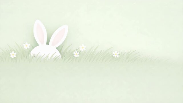 White bunny ears peeking from soft green grass with small flowers, gentle spring holiday background, minimal Easter design.