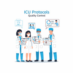 Medical professionals collaborating on ICU protocols and quality control, discussing patient care and data analysis.