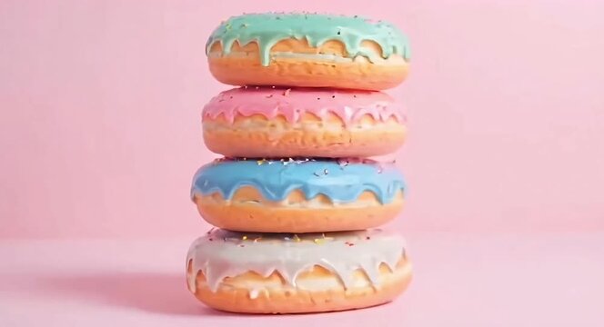 A stack of delicious donuts with colourful coloured glaze with a soft solid colour background.4k video.