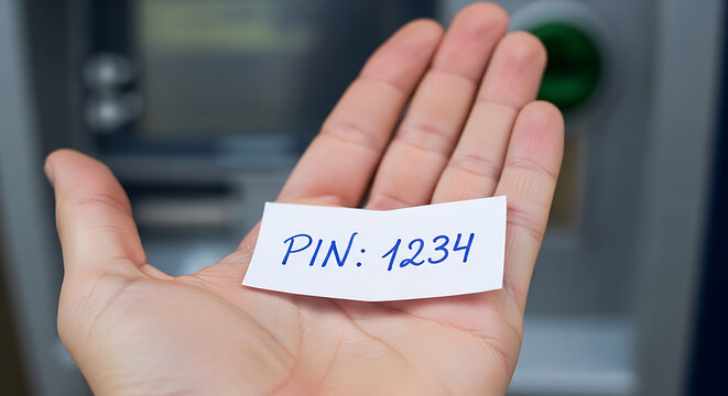 Hand holding PIN 1234 written on paper near ATM security concept