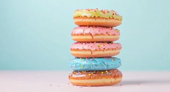 A stack of delicious donuts with colourful coloured glaze with a soft solid colour background.4k video.