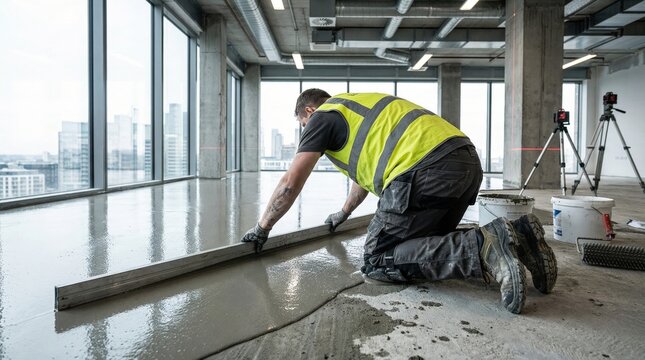 Construction worker in safety vest kneeling on concrete floor while leveling freshly poured cement in modern office building with large windows and city skyline visible in the background