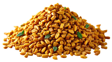 Fenugreek seeds: An image captures a pile of fenugreek seeds, their warm, golden color and irregular shapes and some green leaves, forming an inviting textural and a visual richness