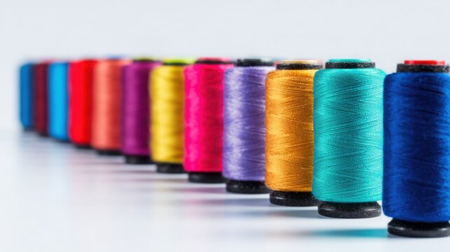 hyper realistic colorful thread spools aligned in precise row on white background, soft shadows, clean product photography style, textile design