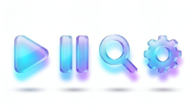 3D Frosted Glass Multimedia UI Icons Set with Blue and Purple Gradient