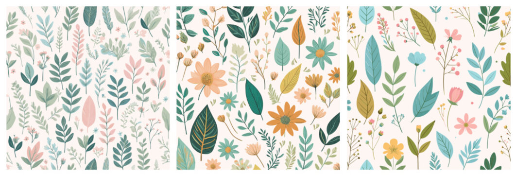Motif Triptyque Illustrations Fleurs et Feuillages Nature V&eacute;g&eacute;tation M&eacute;lange, Papier Peint Couleurs diverses Vecteur