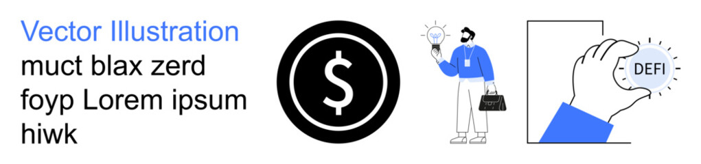 Obraz premium Finance, decentralized systems, cryptocurrency, digital banking, economic workflow, fintech innovation. Dollar sign, person holding lightbulb DEFI text in a hand. Finance and decentralized systems