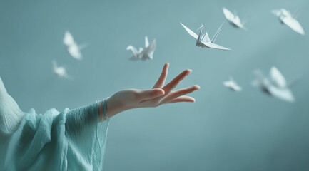  Hand reaching up with white origami cranes on pastel teal background