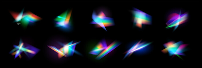 Iridescent crystal leak reflection effect. Vector isolated collection of optical rainbow lights. Radiance glare, streak overlay of gleam. Lenses and glow flares with rainbow consequence