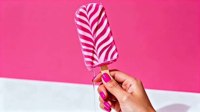 Hand holding pink and white striped popsicle