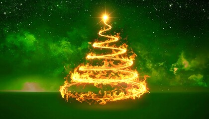 Burning Christmas Tree with Golden Lights.