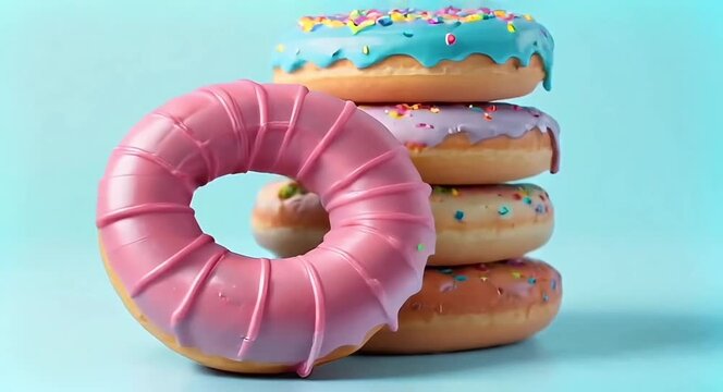 A stack of delicious donuts with colourful coloured glaze with a soft solid colour background.4k video.