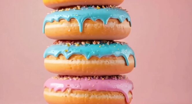 A stack of delicious donuts with colourful coloured glaze with a soft solid colour background.4k video.