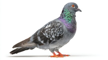 Fototapeta premium The Pigeon Standing in Profile on White Background with Iridescent Plumage