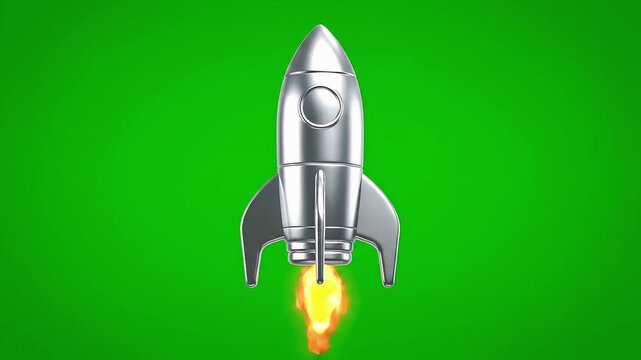 Modern silver rocket launching with fiery propulsion against green background