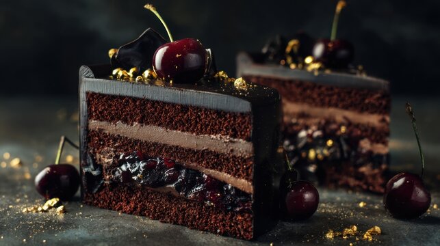 hyper realistic luxury modern black forest cake with precise layers, glossy chocolate finish, fresh cherries and gold accents, dark moody background