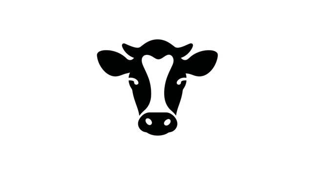 A minimalist depiction of a bovine head facing forward, black and white design on a plain background