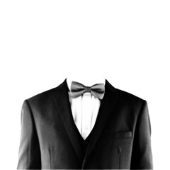 Black tuxedo with bow tie in halftone style isolated on white background. Elegant formal suit illustration for wedding, gala, business event, and luxury fashion design.