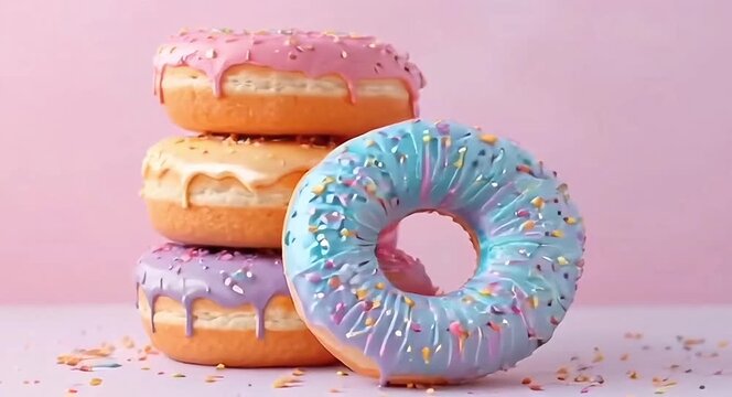 A stack of delicious donuts with colourful coloured glaze with a soft solid colour background.4k video.