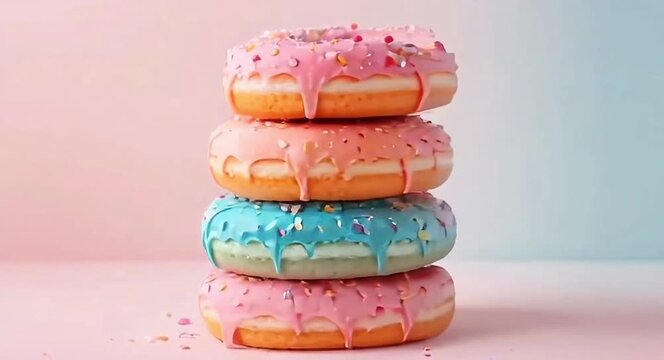 A stack of delicious donuts with colourful coloured glaze with a soft solid colour background.4k video.