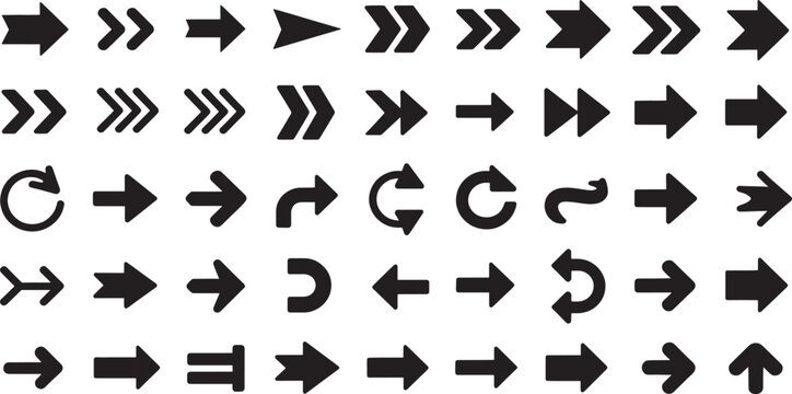 Collection of black arrow and symbols pointing in various directions right left