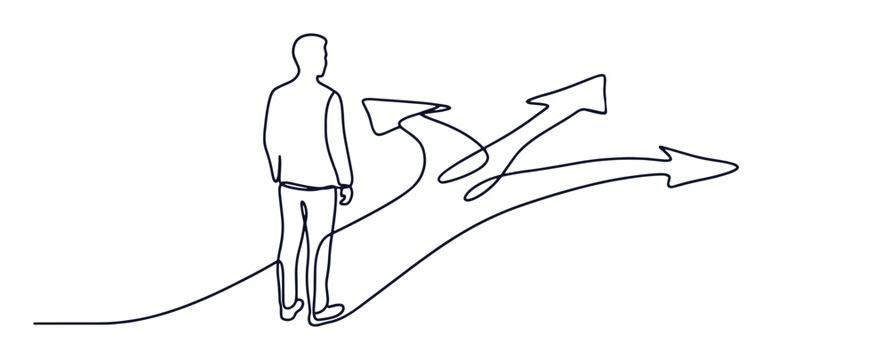 Man choosing direction continuous one line drawing. Minimalist vector outline illustration of male figure facing multiple arrows path options.