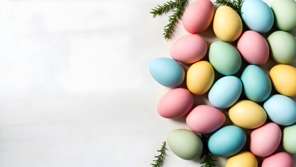 Easter eggs arranged in pastel hues with green sprigs, creating a visually pleasing and festive display