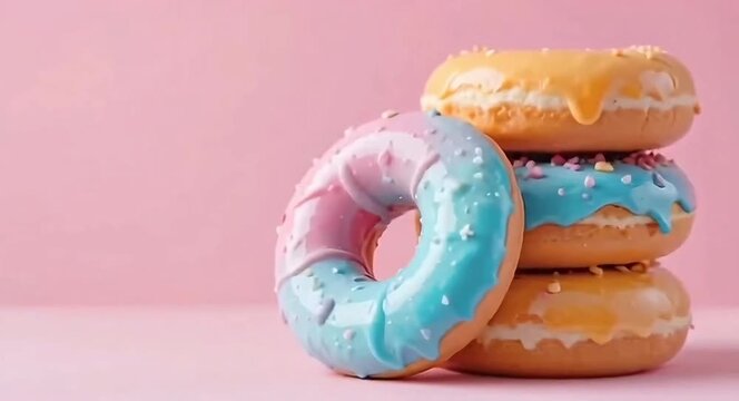 A stack of delicious donuts with colourful coloured glaze with a soft solid colour background.4k video.