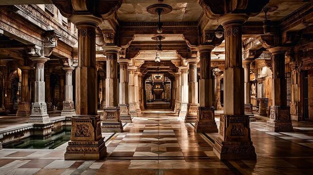 Ornate stone hall with columns and pool