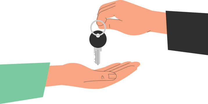 Hand giving house keys to another person property transfer real estate concept flat vector illustration