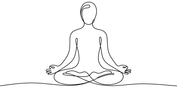 Minimalist continuous line drawing of a person sitting in a peaceful yoga meditation pose.