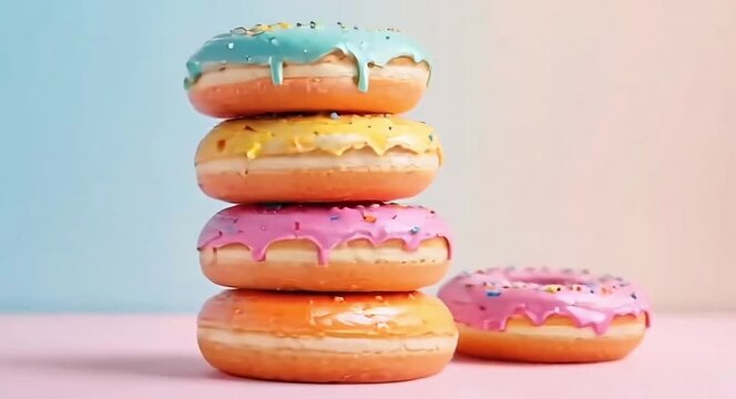 A stack of delicious donuts with colourful coloured glaze with a soft solid colour background.4k video.