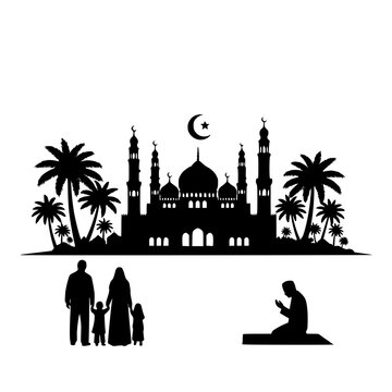 Islamic mosque silhouette with family and praying man