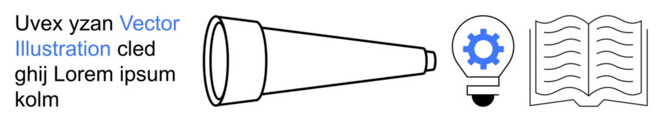 Learning, creativity, discovery, innovation, research, education. A telescope, a lightbulb with a gear and an open book. Learning and creativity as symbols of exploration and education © robu_s